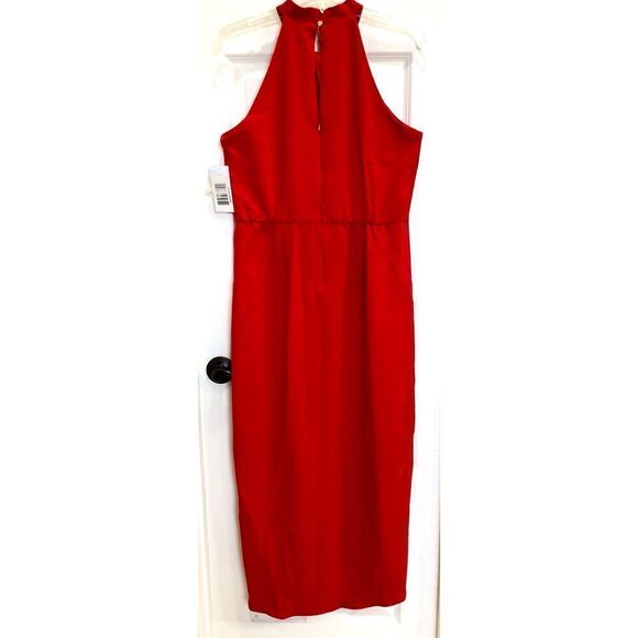 JULIA JORDAN - NWT - L Sz 8 Knot Neck Tulip Hem Midi Dress in Red Scuba Crepe ♥️ - Picture 8 of 16